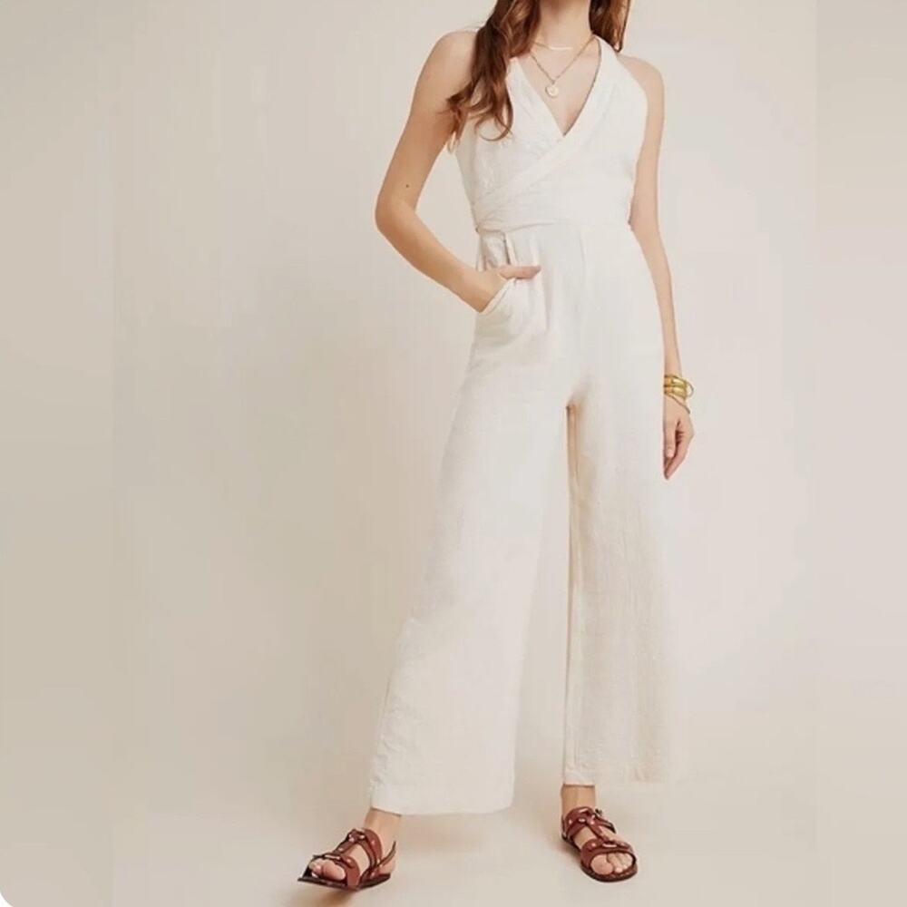Anthropologie Cream Demi Textured Jumpsuit Sz 12 - Picture 1 of 14